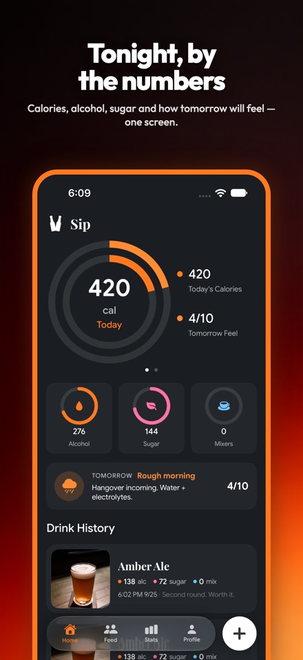 Sip's home screen showing a 420-calorie ring for today, a tomorrow-feel score, and alcohol, sugar and mixer totals.