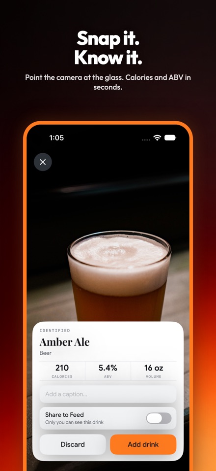 Sip identifying a photographed amber ale and filling in 210 calories, 5.4% ABV and a 16 oz serving.