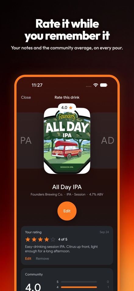 Sip's rating screen for a beer, with a four-star personal rating, a written note and the community average.