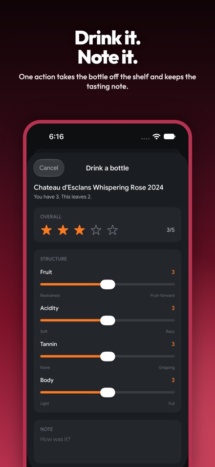 Sip Vino's drink-a-bottle screen with a three-star rating and sliders for fruit, acidity, tannin and body.