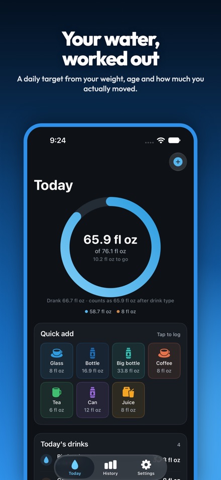 Sip Water's Today screen with a progress ring reading 65.9 fl oz of a 76.1 fl oz goal, and a grid of quick-add cups.